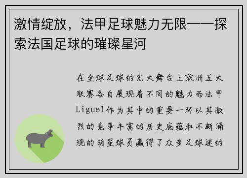 激情绽放，法甲足球魅力无限——探索法国足球的璀璨星河